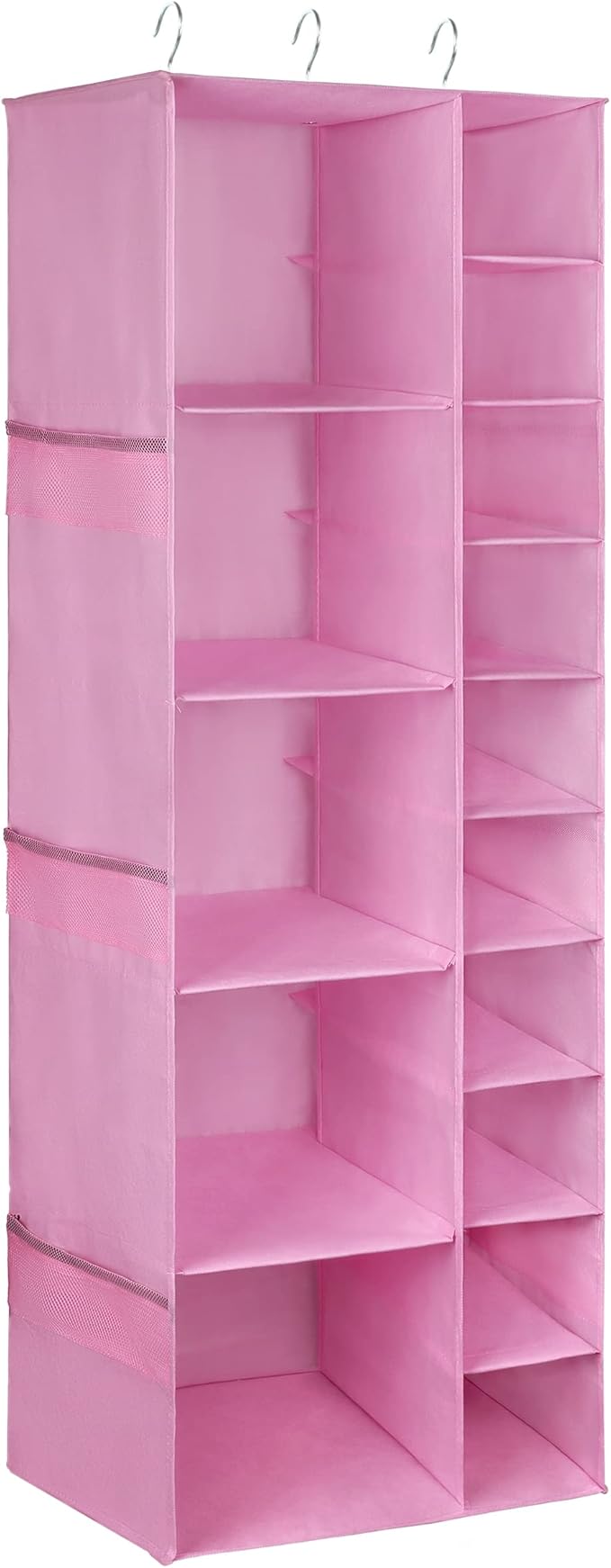 Libeder Shoe Organizer for Closet, 15 Shelf Hanging Closet Storage Shelves - 10 Shoe Rack Organizer and 5 Compartment for Clothes with 6 Side Mesh Pockets for Scarves Socks,Gloves Pink