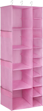 Libeder Shoe Organizer for Closet, 15 Shelf Hanging Closet Storage Shelves - 10 Shoe Rack Organizer and 5 Compartment for Clothes with 6 Side Mesh Pockets for Scarves Socks,Gloves Pink