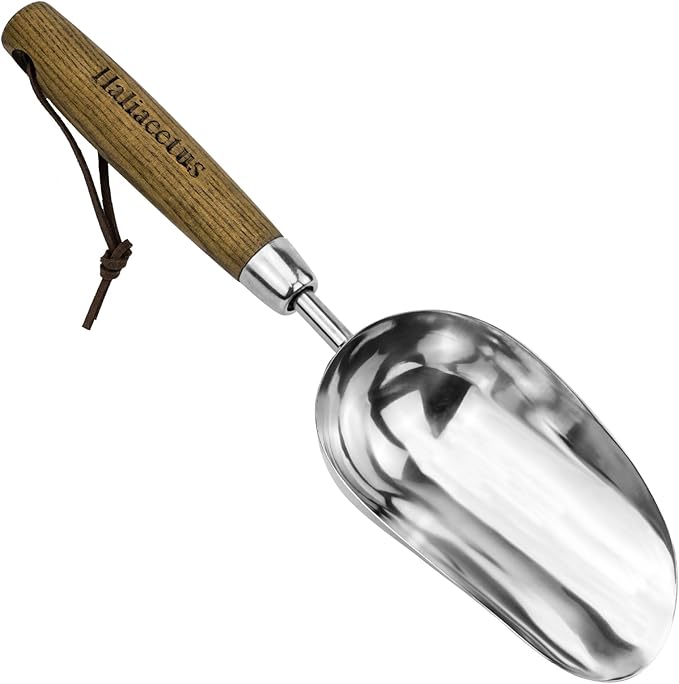 Haliaeetus Potting Soil Scoop, Bend-Proof Stainless Steel Garden Scoop, 1 Cup Big Volume Garden Hand Shovel, Comfortable Wood Handle Dirt Trowel for Transplanting, Cultivation, Composting and Planting