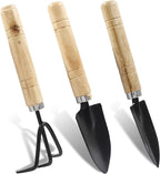 Waziaqoc 3Pcs Mini Garden Tools, Small Indoor Gardening Tools Includes Hand Shovel, Transplant Spade, Hand Rake with Wood Non Slip Handle for Plant Succulent, Flower, Vegetables