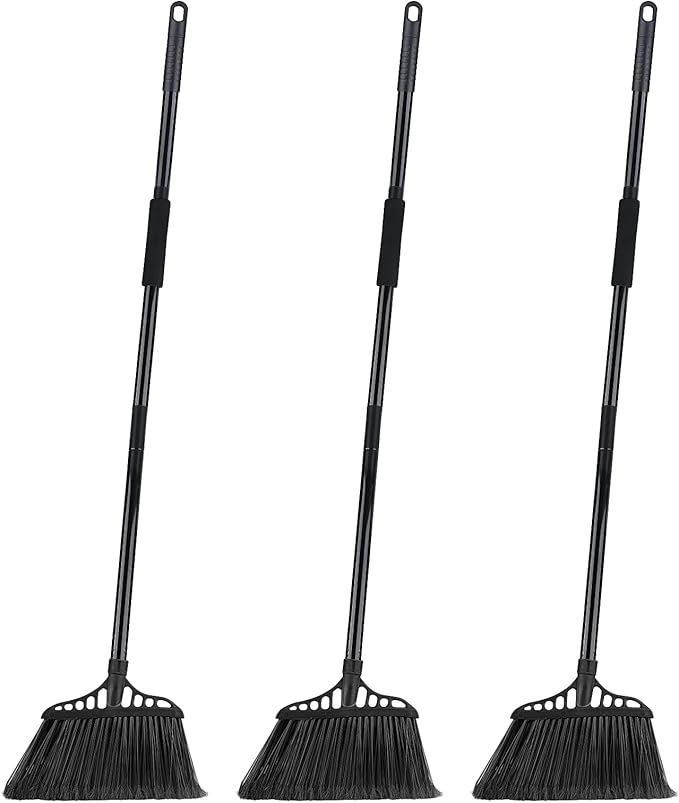 3-Pack Heavy Duty Broom, Commercial Broom with 55" Long Handle Outdoor Indoor, Industrial Brooms for Sweeping Garage Concrete Courtyard Patio Home Kitchen Office - All Black