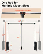 Pull Down Closet Rod 32-45 Inch, 44 lbs Capacity for Hanging Clothes, Polished Metal Wardrobe Lift Rail Organizer with Two-way Buffering, Side-Mounted for Cabinets/Wardrobes