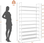 LANTEFUL Tall Shoe Rack 10 Tier Shoe Organizer Large Shoe Shelf with 18 Hooks Storage for 50 Pair Sneaker and Boot, Stackable Vertical Shoe Rack Organizer for Closet, Entryway, Bedroom, White