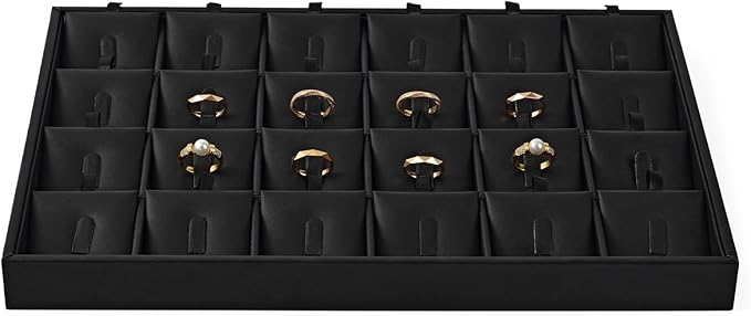 Oirlv Black Premium Leather 24 Grid Stackable Jewelry Insert Tray for Rings Organizer and Display