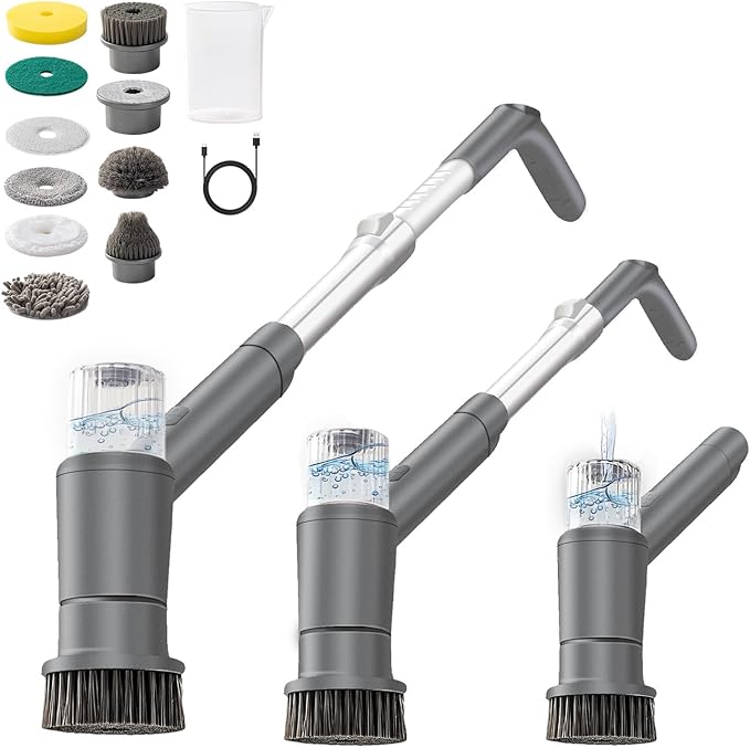 Electric Spin Scrubber,Spray with Foam Cordless Cleaning Brush, 2-Speed Shower Scrubber, Shower Cleaning Brush with 8 Replaceable Brush Heads, Adjustable Removable Handle for Bathroom, Kitchen（Gray