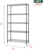 FDW 14" D×36" W×72" H Wire Shelving Unit Metal Shelf with 5 Tier Adjustable Layer Rack Commercial Strong Steel for Restaurant Garage Pantry Kitchen，Chrome