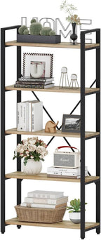 FATORRI 5 Tier Bookshelf, Industrial Wood and Metal Book Shelves for Display, Tall Etagere Bookcase and Rustic Shelving Unit (Rustic Oak)
