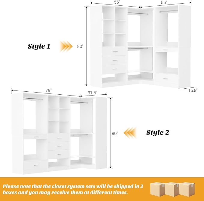 Homieasy Closet System Organizer with Drawers, Pants Rack, Cube Storage and Hanging Area – Wardrobe Organizer with Hanging Rods, Shoe Storage & Anti-Tip Kit – Expandable and Easy to Install, White