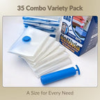 35 Pack Vacuum Storage Bags with Hand Pump, Compression Space Saver for Comforter, Bedding, Blanket Storage, Vacuum Seal Bags for Clothing, Travel Luggage Suitcase and Closet Organizer