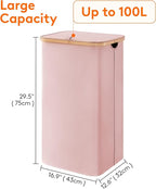 Lifewit 100L Laundry Basket with Lid, Clothes Hampers for Laundry with Bamboo Handles and 1 Removable Bag, Large Foldable Laundry Hamper for Bedroom, Bathroom, Dorm, Laundry Room, Pink