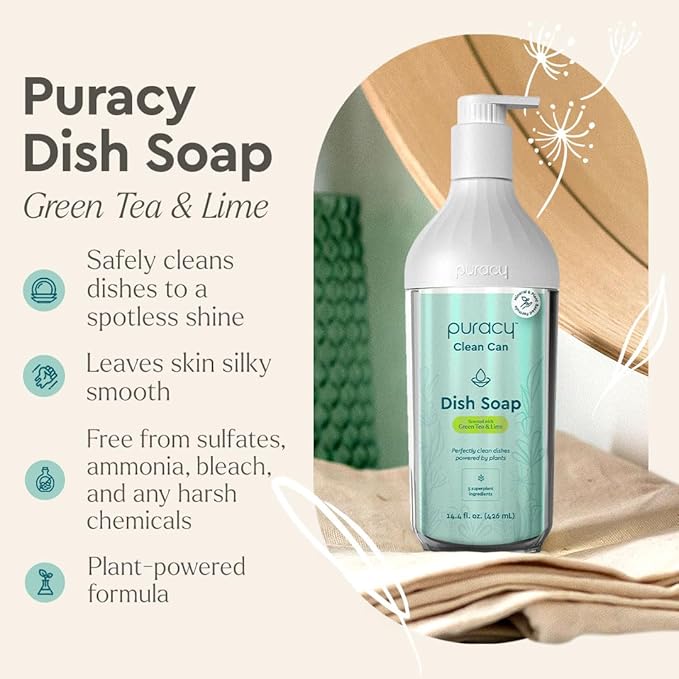 Puracy Natural Dish Soap Clean Can Starter Set - Plant-Based Dishwashing Soap, Non-Toxic Dish Soap, Natural Liquid Dishwashing Detergent Soap As Seen on TikTok (Green Tea & Lime, 14.4 fl oz)
