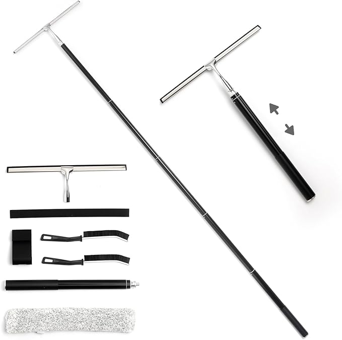 59.5" Long Handle Window Squeegee with Extension Pole, 12.4" Wide Metal Shower Squeegee for Glass Doors, Floor Squeegee for Home Window Cleaning, Tile Wall, Car
