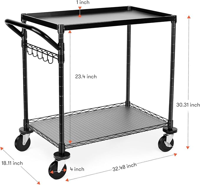 WDT 680Lbs Capacity Heavy Duty Rolling Utility Cart,2 Tier Rolling Carts with Wheels,Commercial Grade Metal Cart with Handle Bar & Shelf Liner,Trolley Serving Cart for Restaurant,Kitchen,Black