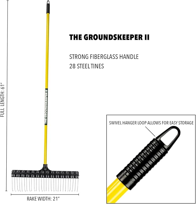 THE GROUNDSKEEPER II Rake 55-inch Lightweight Fiberglass Handle, 21-inch Head, Durable Steel Tines for Gardening, De-Thatching or Professional Landscaping