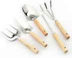 Garden Tool Set, 5 Pcs Gardening Tool Set with Weeder Puller, Dibber, Transplanter, Big Trowel, 5-Claw Cultivator - Wooden Handle Stainless Steel Gardening Hand Tools (ash Wood)