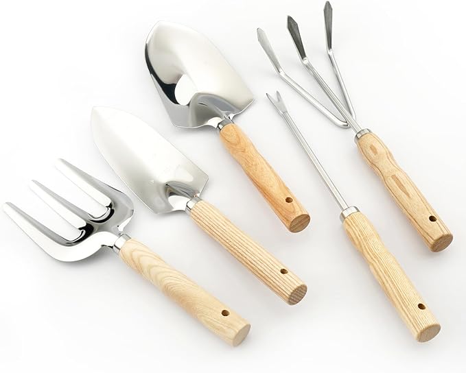 Garden Tool Set, 5 Pcs Gardening Tool Set with Weeder Puller, Dibber, Transplanter, Big Trowel, 5-Claw Cultivator - Wooden Handle Stainless Steel Gardening Hand Tools (ash Wood)