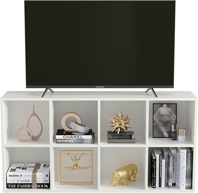 8-Cube Storage Shelf Bookcase - Wooden 4-Tier Floor Standing Open Bookshelf, Modern TV Stand up to 55 Inchs for Home and Office, Warm White