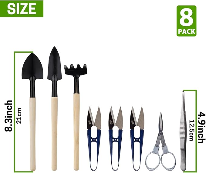 Bonsai Set 8 Pcs - Include Pruner,Fold Scissors,Mini Rake,Bud & Leaf Trimmer Set by ZELAR Made