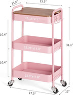 TOOLF 3-Tier Rolling Cart with Table Top, Metal Storage Cart on Wheels, Utility Organizer with Wooden Tray, Lockable Casters, Easy Assembly for Bathroom, Living Room, Office, Bedside, Pink