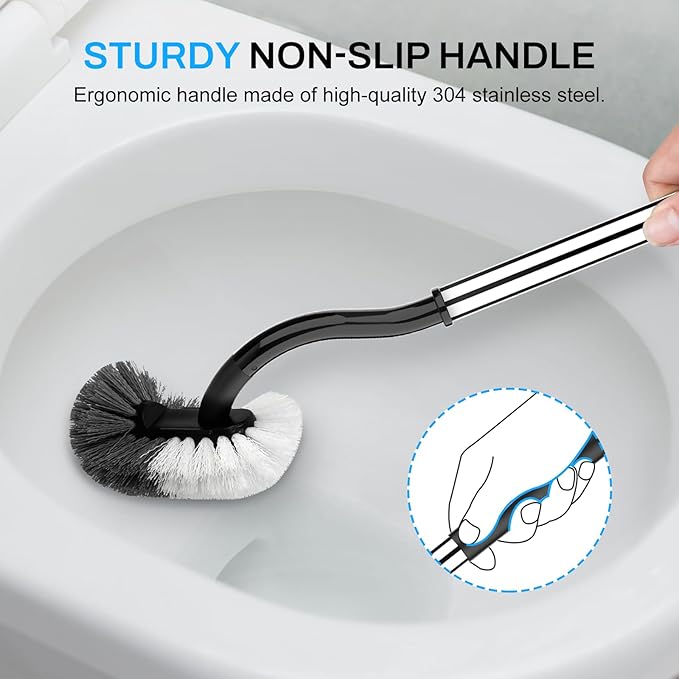 SetSail Toilet Brush and Holder Set, Compact Size Curved Toilet Bowl Brush for Bathroom Deep Cleaning with Stainless Steel Handle Toilet Cleaner Brush, Black