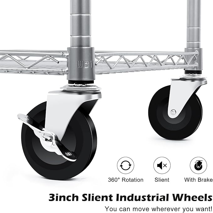 WDT Heavy Duty 3 Tier Utility Cart,Wire Rolling Carts with Wheels, Commercial Grade Service Cart with Shelving Liners and Handle Bar Metal Carts for Kitchen Office Hardware (750LBS Capacity Silver)