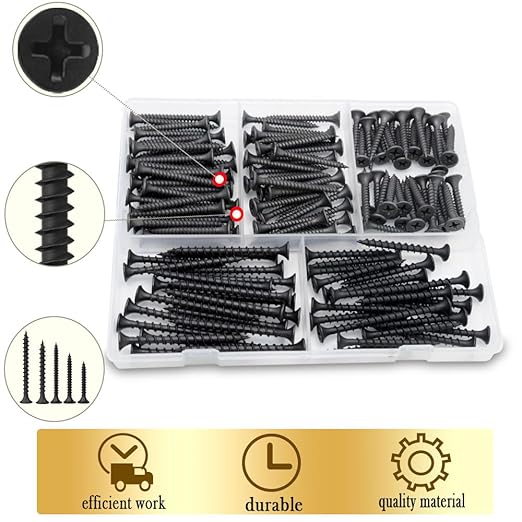Drywall Screws Assortment Kit, #6#7 Black Wood Screws for Drywall, Phosphate Coated Finish, Fine Thread Sheetrock Screws Set, Phillips Bugle Head Self Tapping Dry Wall Screws, 148 Pcs