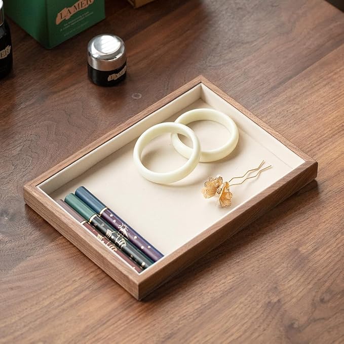 Black Walnut Wooden Flat Jewelry Tray with Lint-Lining, Stackable Jewelry Drawer Storage, Display Tray for Jewelry Organization & Showcase, Premium Quality Jewelry Holder for Women