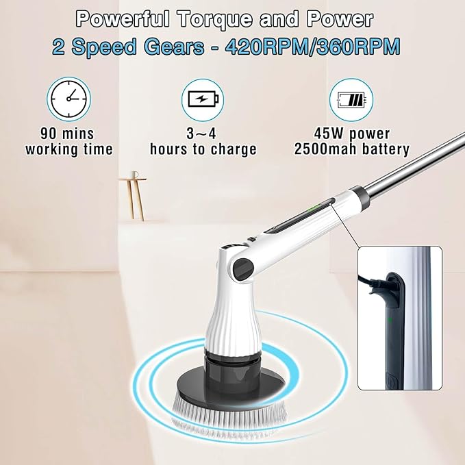 MGLSDeet Electric Spin Scrubber with 8 Replaceable Brush Heads Rechargeable Cleaning Brush, Cordless Power Scrubber, Electric Scrubber for Cleaning Bathroom, Bathtub, Tile