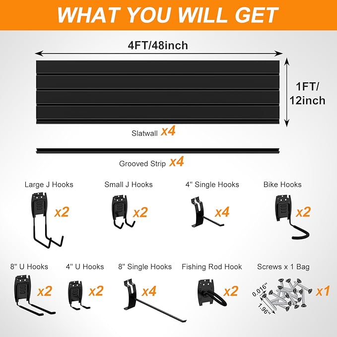 DoCred Slatwall Paneling Organizer, 4x4 FT PVC Garage Slat Wall Storage Systems, Heavy Duty Mounted Slat Peg Board for Tool Organization Ladder Bike Includes 20 PCS Hooks Accessories Kit (Black)