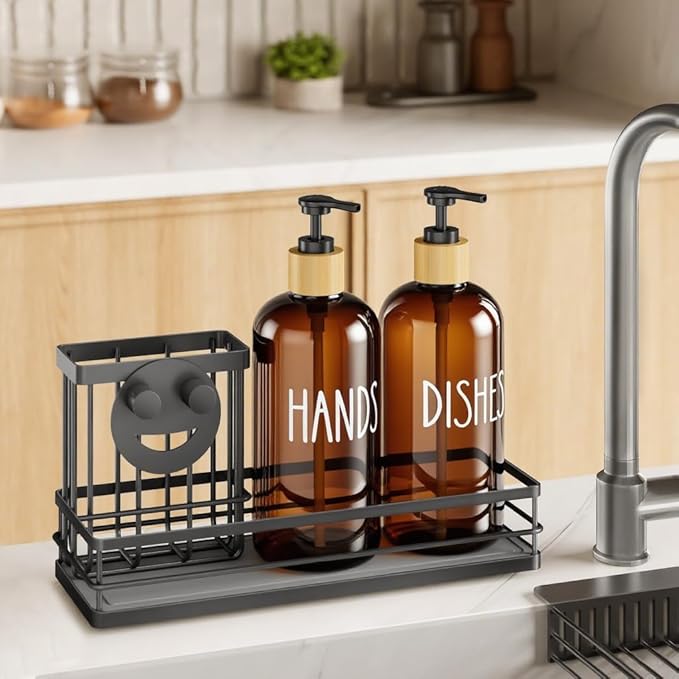 Moforoco Kitchen Dish Soap Dispenser Set, 16OZ Glass Bottle, Hand and Dish Soap Dispenser Set, Instant Dry Tray, Non-Slip Silicone Pad, Brush Holder with Sponge Holder, Kitchen Decor（Amber Bottle）