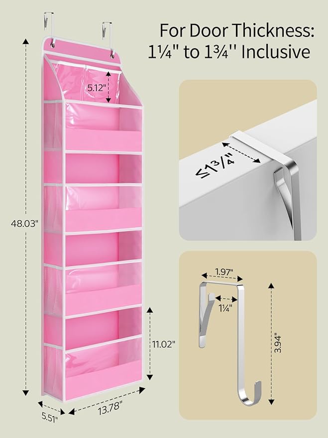 Yecaye 5 Tier 2Pc Over the Door Organizer, Swing-proof Door Organizer Hanging with Clear PVC Windows, Behind the Door Storage for Bedroom Nursery Closet Laundry Pantry Bathroom, Bubblegum Pink