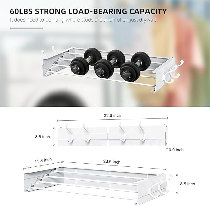 Laundry Drying Rack, Collapsible Wall Mounted Clothes Drying Rack - Foldable,Space Saving, 13.2 Linear Ft, 5 Aluminum Rods, 60 lb Capacity (White, 23.6" Wide)