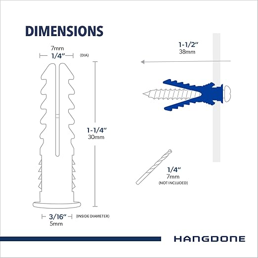 Ribbed Wall Anchors #10-#12 1-1/4-Inch with Screws 100-Pack, Blue, Plastic Anchor for Drywall/Concrete, Pan Head Phillips Screw Included