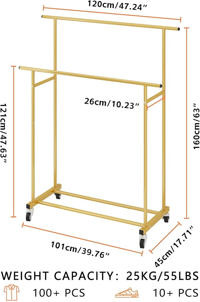 Calmootey Double Rod Clothing Garment Rack,Rolling Hanging Clothes Rack,Portable Clothes Organizer for Bedroom,Living Room,Clothing Store,Gold