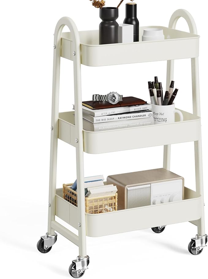 OLIXIS 3 Tier Utility Rolling Cart, Metal Mobile Storage Shelf with Lockable Caster Wheels, Organization for Livingroom, Bathroom, Kitchen, & Narrow Places, White