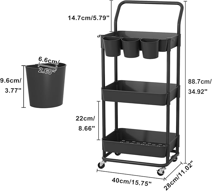 Buzowruil 3-Tier Rolling Utility Cart, Storage Cart with Handle Multi-Purpose and Locking Wheels,with Hanging Basket and Hook for Office, Kitchen, Bathroom,Black