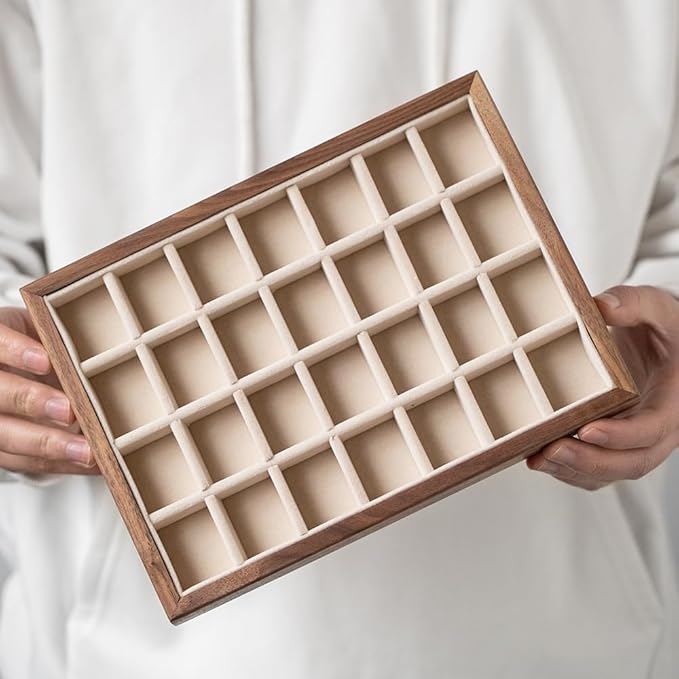 28-Grid Black Walnut Wooden Jewelry Tray with Velvet Lining, Premium Jewelry Display Tray for Earrings and Rings, Drawer Organizer Display Tray for Women's Jewelry Collection