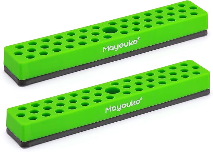 Mayouko 1/4" Magnetic Hex Bit Holder Rack Organizer, 43 Holes, 1/4-Inch Drill Bit Holder, Green, 2 Racks, Magnetic Bit Holder with Magnet Base for Screwdriver Bits