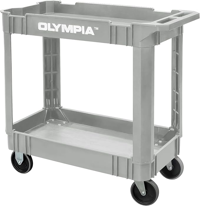 Olympia Tools 2-Shelf Plastic Utility Cart - Supports Up to 500 lbs, Ergonomic Handle - Heavy Duty Plastic Utility Cart - Great for Warehouse, Garage, Manufacturing, Cleaning (Grey)
