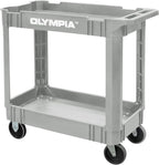 Olympia Tools 2-Shelf Plastic Utility Cart - Supports Up to 500 lbs, Ergonomic Handle - Heavy Duty Plastic Utility Cart - Great for Warehouse, Garage, Manufacturing, Cleaning (Grey)