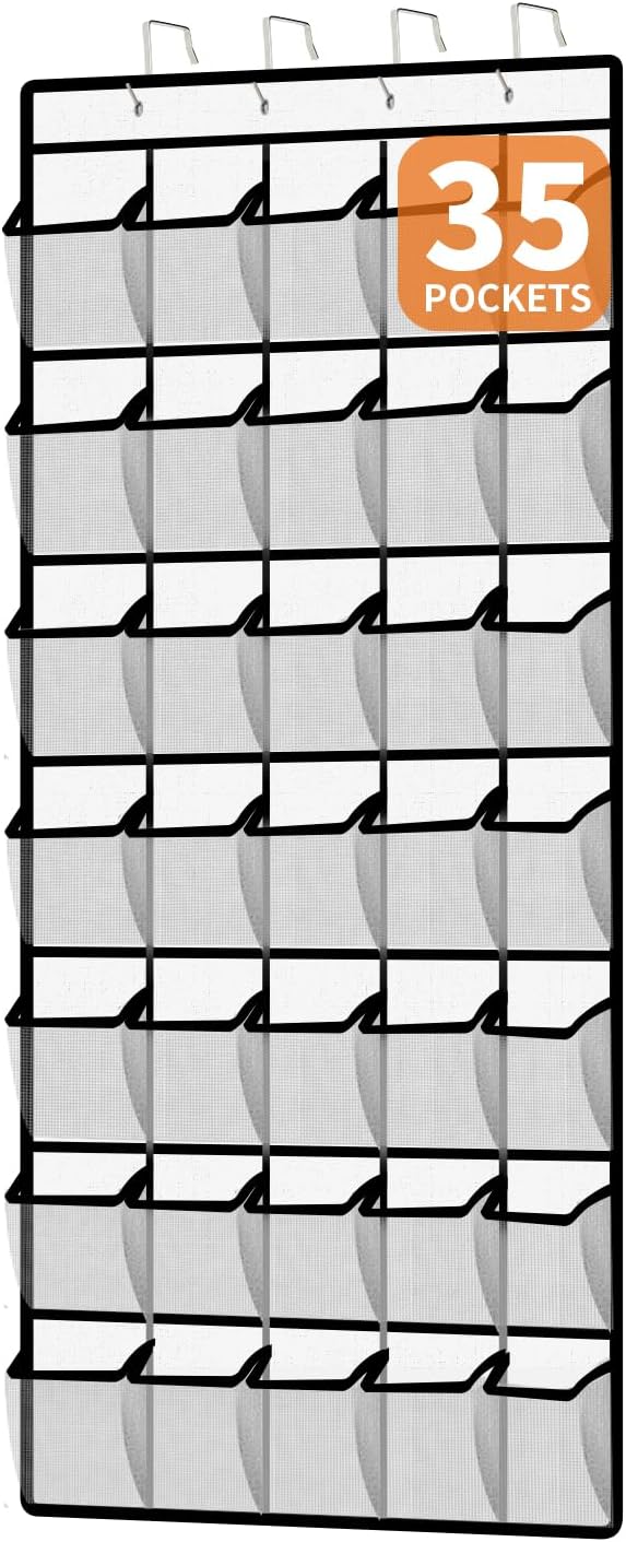 35-Pocket Over the Door Shoe Organizer - Large Mesh Hanging Shoe Rack for Closet, Dorm & Bathroom, HeavyDuty Storage Holder with 4 Metal Hooks, Space Saving Shoe Organizer