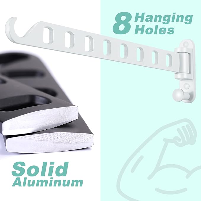 Laundry Drying Rack Wall Mounted - Swing Arm Clothes Hanger with 8-Hole, Sturdy Hanging Bar & Swivel Laundry Room Hook, Coat Hanger Holder for Closet, Aluminum (2-Pack, White)