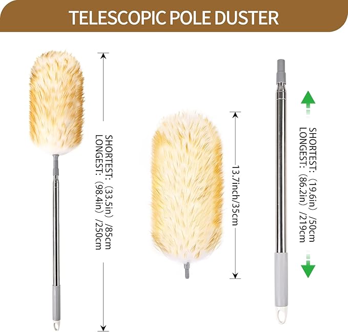 Lambswool Duster 98 inch Retractable Stainless Steel Handle Soft Natural Wool Feather Dusters for Cleaning Office Home Car etc
