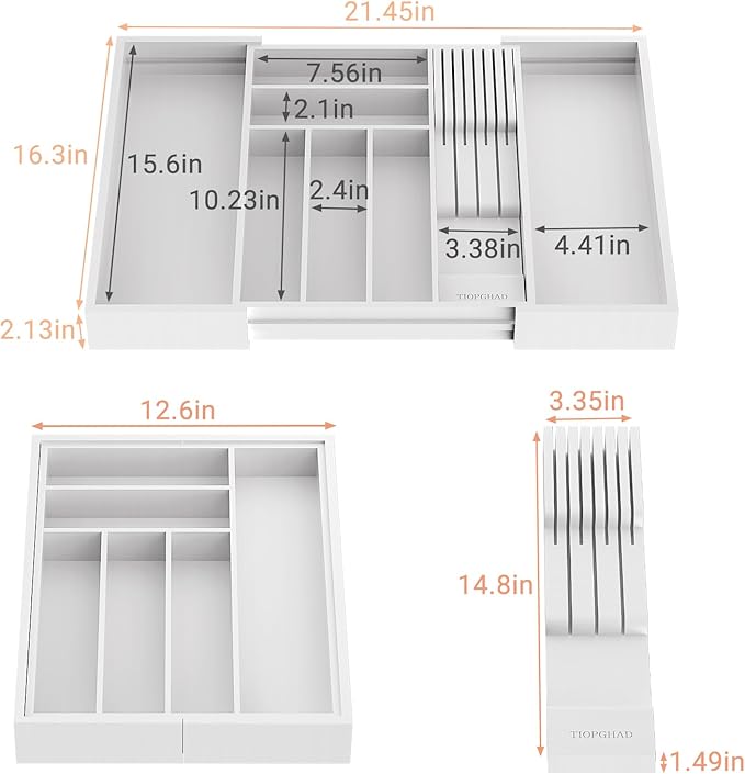 Bamboo-Silverware-Drawer-Organizer-Kitchen, Expandable Utensil Holder Cutlery Tray Flatware Organization Adjustable Wood Tableware Dividers Storage (with Removable Knife Block)(White)