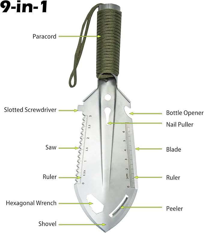 2 Pack Samll Survival Shovel, 9 in 1 Mini Camping Shovel, Ultralight Backpacking Trowel Shovel, Backpacking Gear for Hiking, Camping and Survival Bags (Silvery)