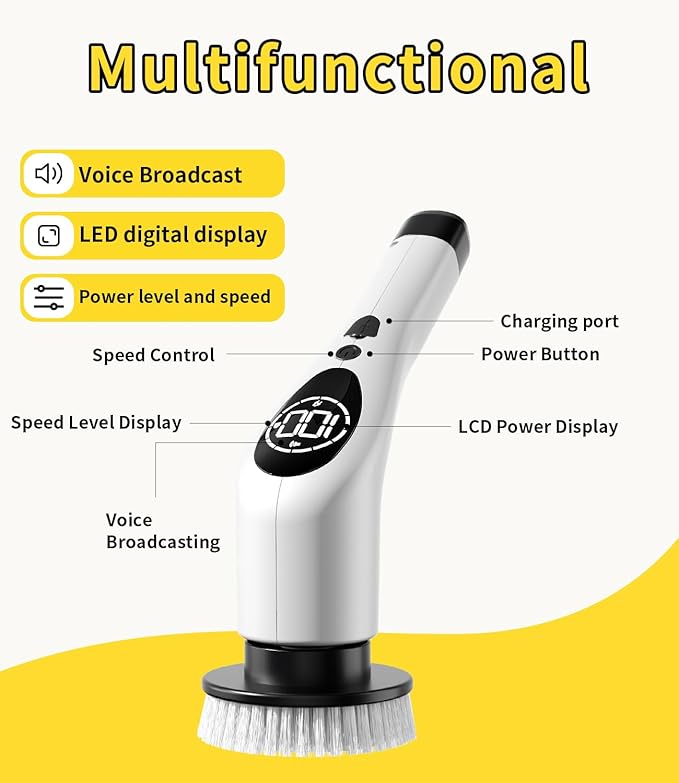 Electric Spin Scrubber,Cordless Cleaning Brush,Shower Scrubber with 9 Scrub Brush,3 Speed,Adjustable Extension Handle,Power LED Display, Voice Broadcast,Power Scrubber for Bathroom Kitchen Cleaning