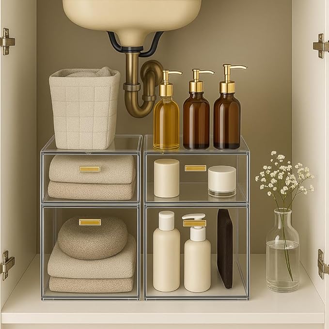 4 Pack Stackable Clear Acrylic Storage Drawers with Golden Handles, Plastic Drawer Organizers for Makeup, Kitchen, Bathroom, Office, Under Sink & Cabinet Organization