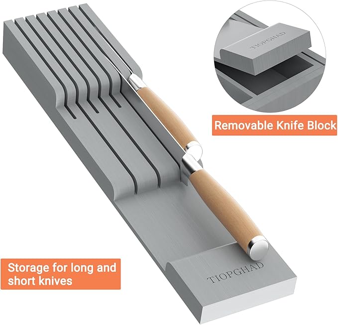 Bamboo-Silverware-Drawer-Organizer-Kitchen, Expandable Utensil Holder Cutlery Tray Flatware Organization Adjustable Wood Tableware Dividers Storage (with Removable Knife Block)(Grey)
