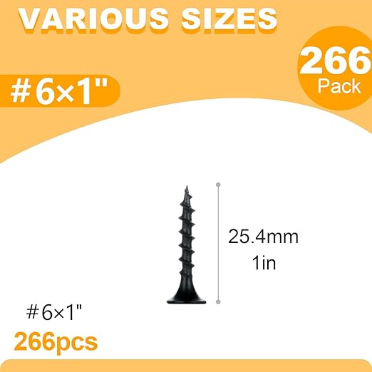 KURUI #6 * 1in Drywall Screws, Dry Wall Screws for Drywall Wood, 266Pcs Coarse Thread Sheetrock Screws - Black Bugle-Head Phillips Self Tapping Wood Screws