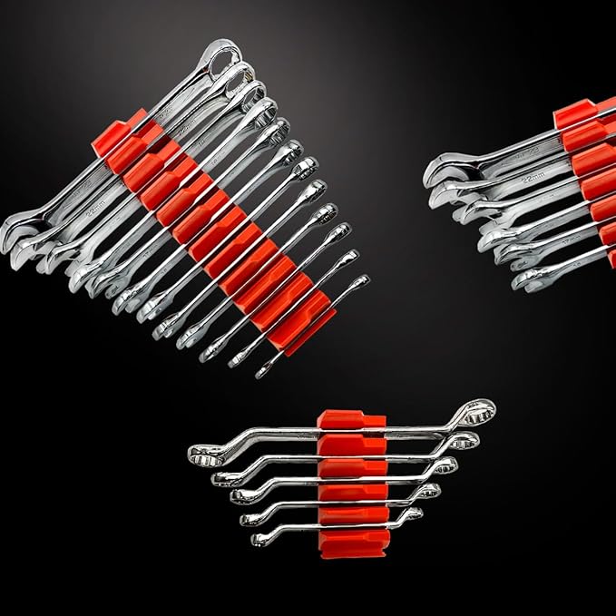 46PC Red Magnetic Wrench Organizers Set for Tool Storage - Modular Wrench Holders with Metric & SAE Labeled Slots, Extra Strength Magnet Base - Workshop & Home Toolbox Organization Gift